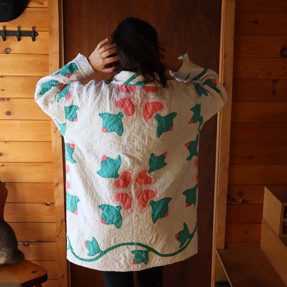 Upcycled Quilt Chore Coat Barn Jacket Appliqué XL • 2XL - Picture 4 of 15